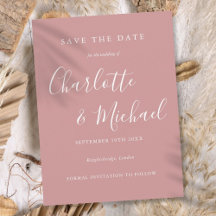Elegante stoffige roze script trouwkaart 'save the