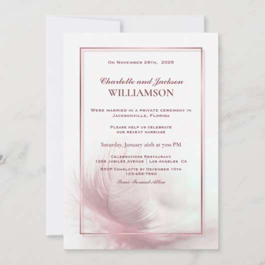 Elegante stoffige roze veer bruiloftsreceptie kaart (Voorkant)