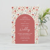 Elegante stoffige roze wilde bloemen boog bruiloft kaart (Staand voorkant)