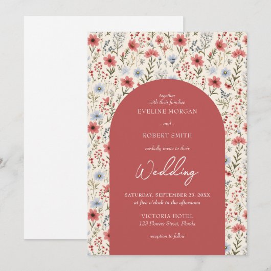 Elegante stoffige roze wilde bloemen boog bruiloft kaart (Voorkant / Achterkant)