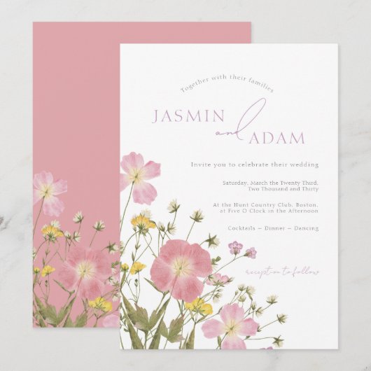 Elegante stoffige roze wilde bloemen bruiloft kaart (Voorkant / Achterkant)