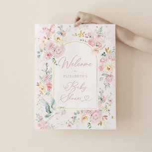 Elegante Stork Blush Pink Bloemen Baby Meisje Welk Poster