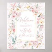 Elegante Stork Blush Pink Bloemen Baby Meisje Welk Poster (Voorkant)