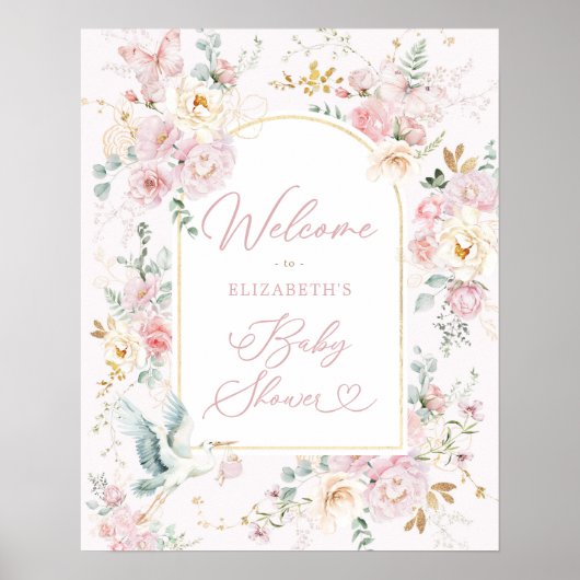 Elegante Stork Blush Pink Bloemen Baby Meisje Welk Poster (Voorkant)