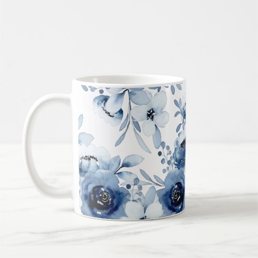 Elegante Stormy Blue Floral Waterverf Koffiemok (Links)