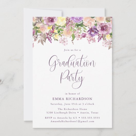 Elegante stralende Paarse bloemige afstudeerfeest Kaart (Voorkant)