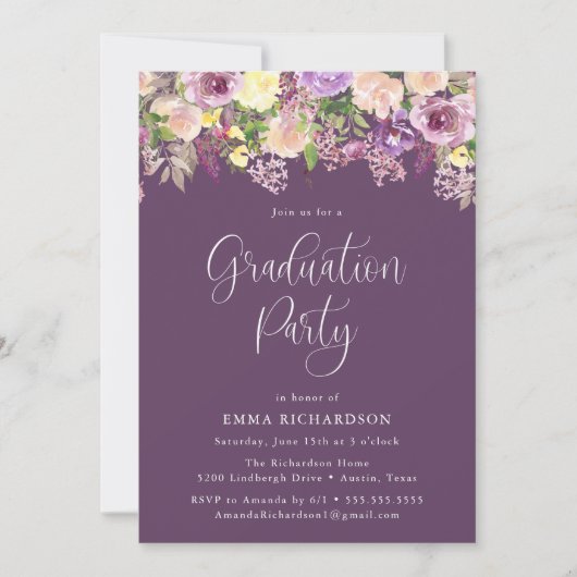 Elegante stralende Paarse bloemige afstudeerfeest Kaart (Voorkant)