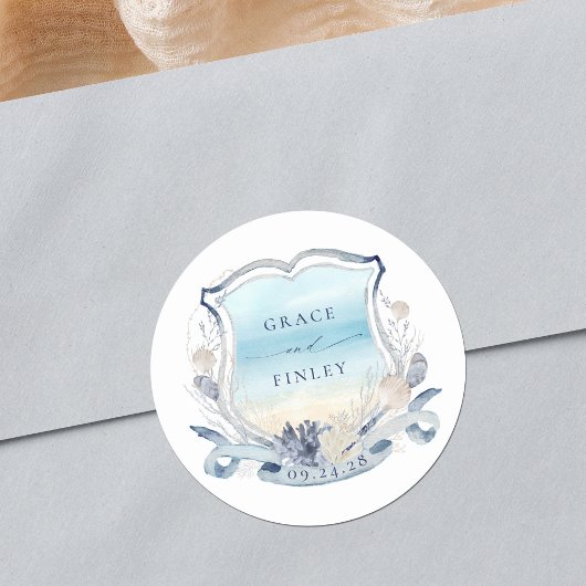 Elegante strand bruiloft Crest Coastal Chic Ronde Sticker