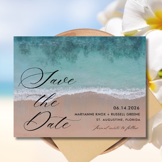 Elegante Strand Bruiloft Foto Save the Date Aankondigingskaart