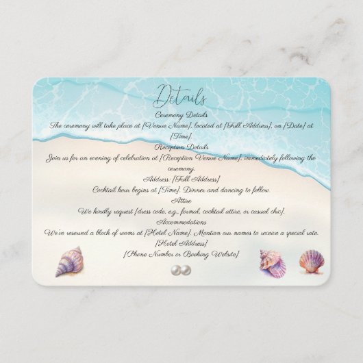 Elegante strand bruiloft zeeschelpen parels nautis informatiekaartje (Voorkant)