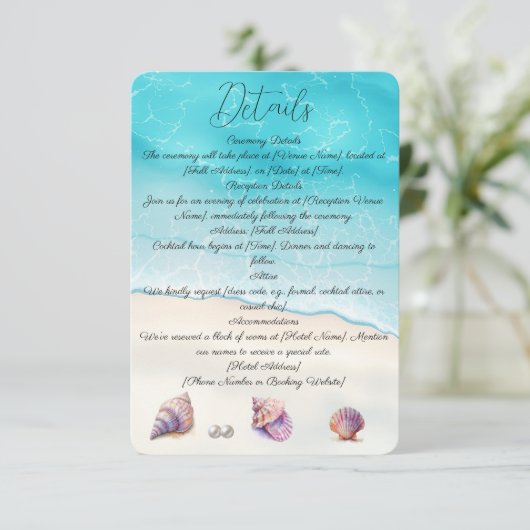 Elegante strand bruiloft zeeschelpen parels nautis informatiekaartje (Staand voorkant)