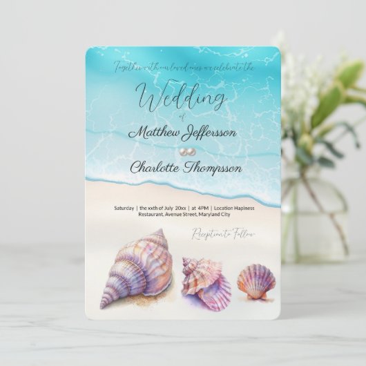 Elegante strand bruiloft zeeschelpen parels nautis kaart (Staand voorkant)