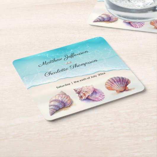 Elegante strand bruiloft zeeschelpen parels nautis kartonnen onderzetters (Schuin)