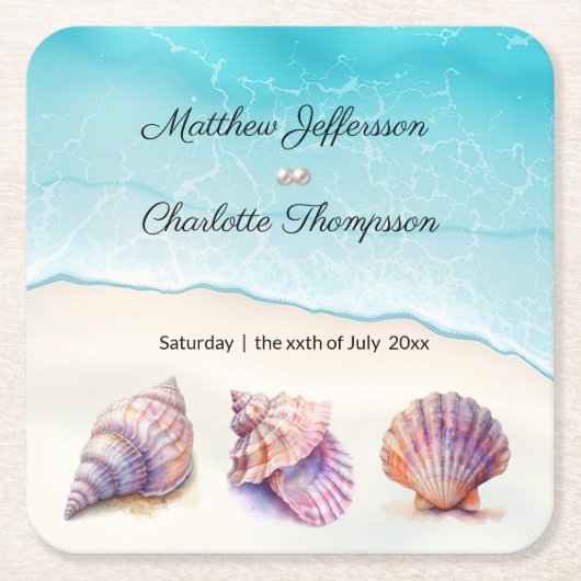 Elegante strand bruiloft zeeschelpen parels nautis kartonnen onderzetters (Voorkant)