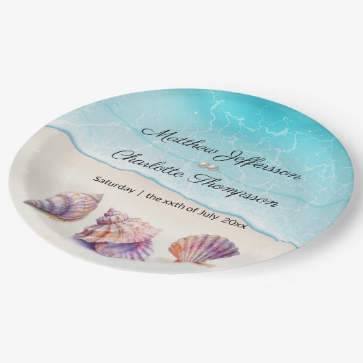 Elegante strand bruiloft zeeschelpen parels nautis papieren bordje (Gekanteld)