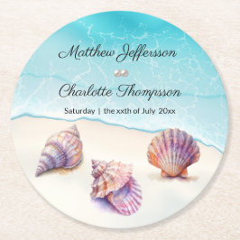 Elegante strand bruiloft zeeschelpen parels nautis ronde kartonnen onderzetter