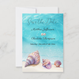 Elegante strand bruiloft zeeschelpen parels nautis save the date