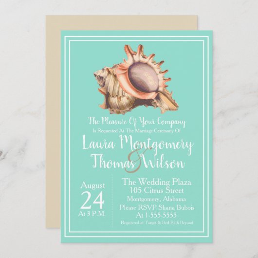 Elegante Strand Schelp Huwelijk Kaart (Voorkant / Achterkant)