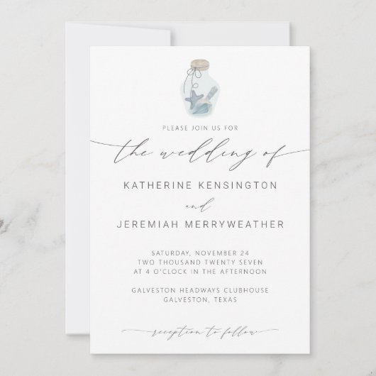 Elegante Strand Schelp Moderne Kalligrafie Bruilof Kaart (Voorkant)