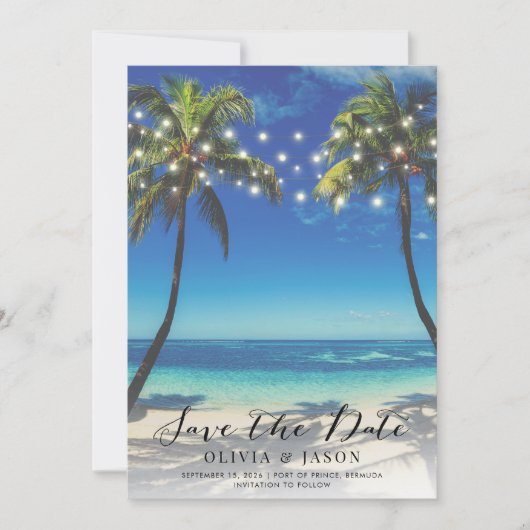 Elegante strand slingerlichten trouw save the date kaart (Voorkant)