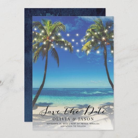 Elegante strand slingerlichten trouw save the date kaart (Voorkant / Achterkant)