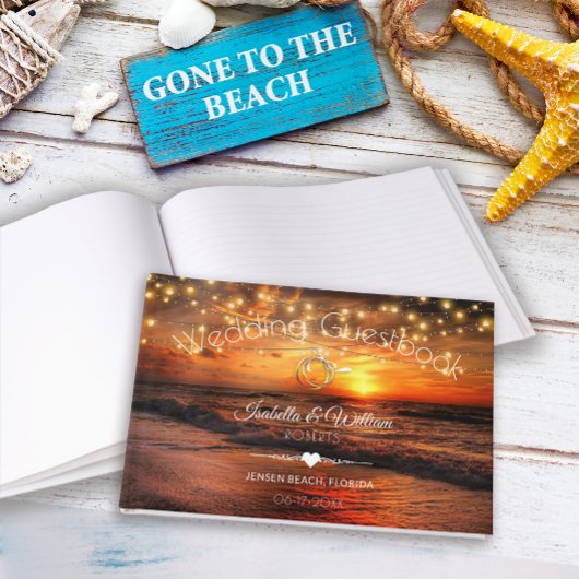 Elegante strand stringlights zomer bruiloft gastenboek