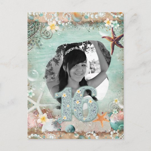 Elegante Strand Zee Stervis Parels 16e 16 Verjaard Aankondigingskaart (Voorkant)