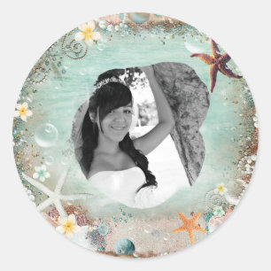 Elegante strand zeester en parels foto afbeelding ronde sticker