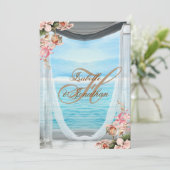 Elegante strandbruiloft met gordijnen en roze orch kaart (Staand voorkant)