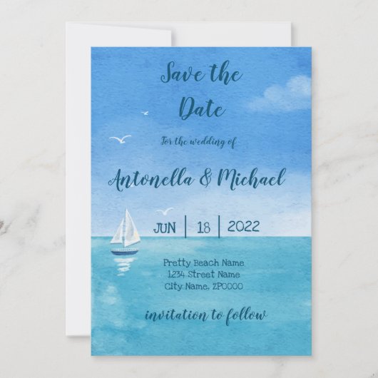 Elegante stranden en nautisch save the date kaart (Voorkant)