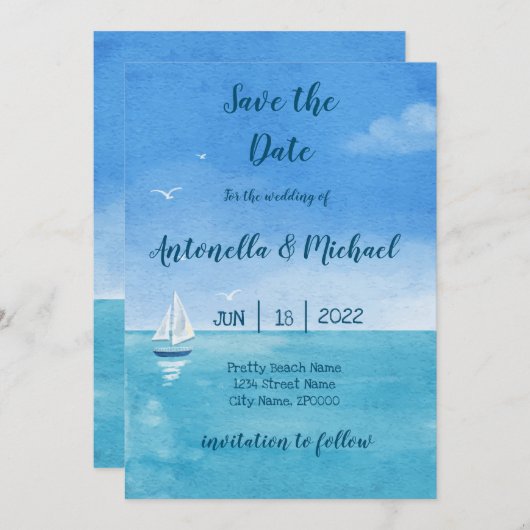 Elegante stranden en nautisch save the date kaart (Voorkant / Achterkant)