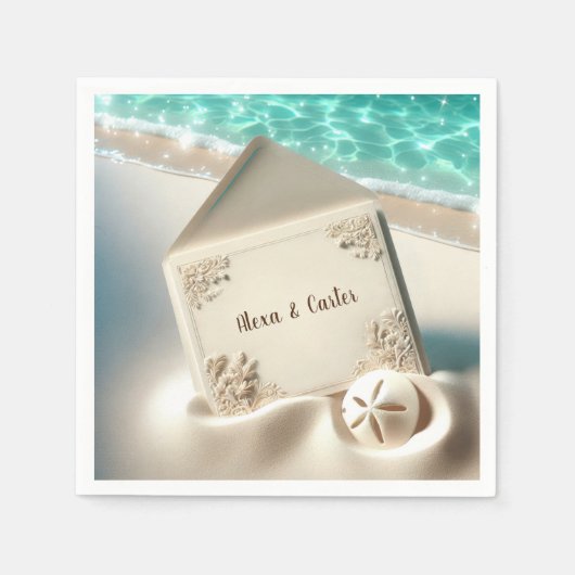Elegante strandhuwelijksuitnodiging in zand servet (Voorkant)
