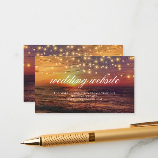 Elegante strandlichten Zomer Bruiloft Website Kaar Informatiekaartje (Voorkant / Achterkant in situ)