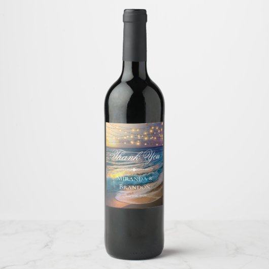 Elegante strandsnaarlampjes Zomer Dank u wijn Wijn Etiket (Voorkant)