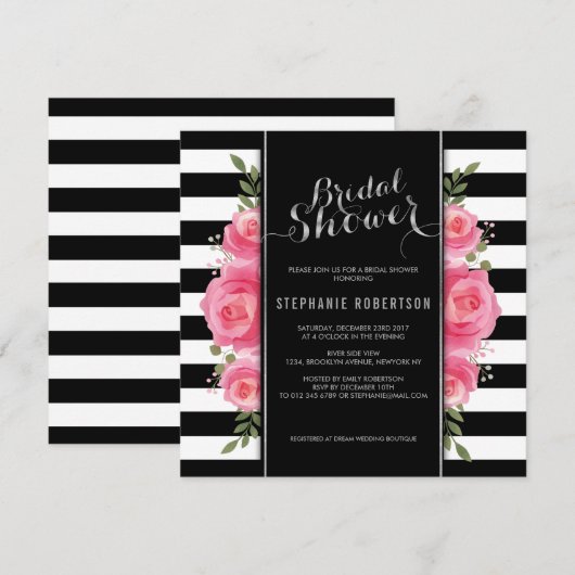 Elegante streep en bloemen bruids douche uitnodigi kaart (Voorkant / Achterkant)