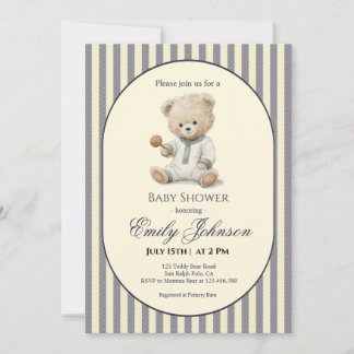 Elegante strepen baby shower teddybeer uitnodiging
