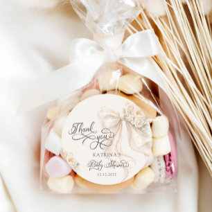 Elegante strik bloemige babyshower bedankje  ronde sticker