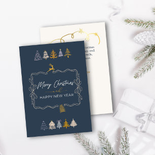 Elegante Strik en Mooie Bomen Doodle Blauwe Kerstk Feestdagenkaart