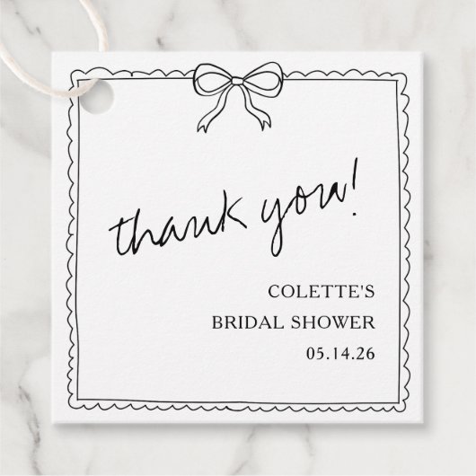 Elegante strik geschetste bruidsdouche bedankjes labels (Voorkant)