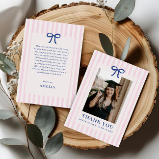 Elegante Strik Roze Gestreepte Foto Afstudeercerem Bedankkaart