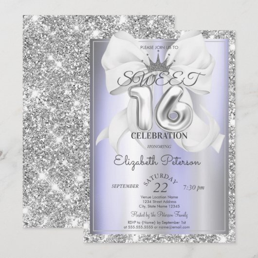 Elegante strik,tiara,paarse zilveren glitters Swee Kaart (Voorkant / Achterkant)