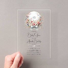 Elegante Strikleur Bloemige Monogram Baby Shower Acryl Uitnodigingen