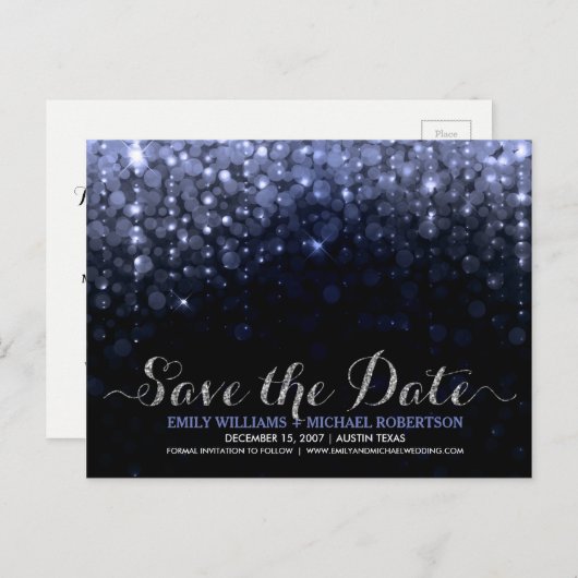 Elegante string lampjes blauw bokeh save the date aankondigingskaart (Voorkant / Achterkant)