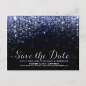 Elegante string lampjes blauw bokeh save the date aankondigingskaart (Voorkant)