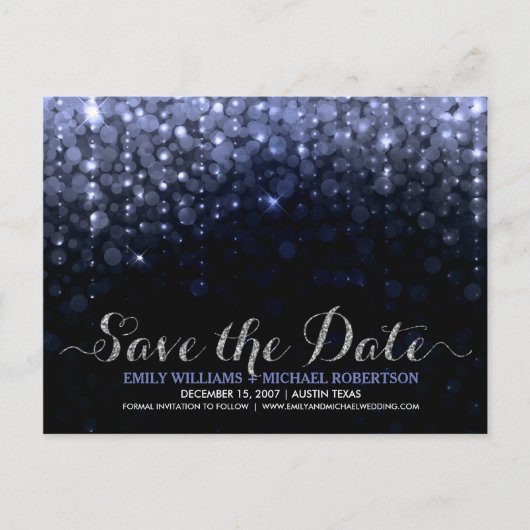 Elegante string lampjes blauw bokeh save the date aankondigingskaart (Voorkant)