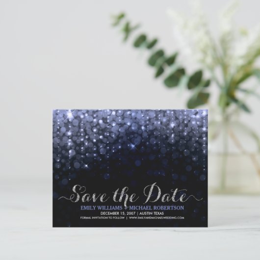 Elegante string lampjes blauw bokeh save the date aankondigingskaart (Staand voorkant)