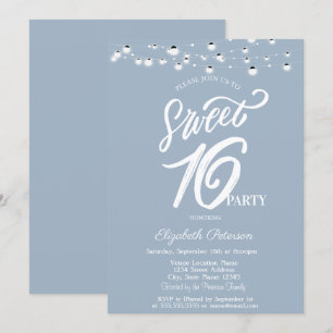 Elegante String Lights Dusty Blue Sweet 16 Kaart