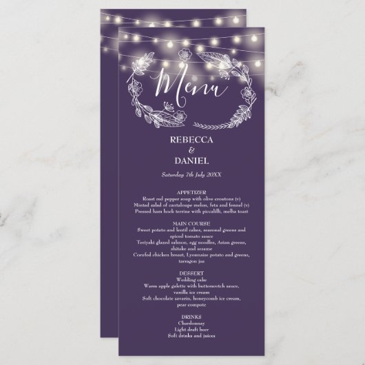 Elegante String Lights Floral Paarse bruiloft Menu (Voorkant / Achterkant)