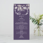 Elegante String Lights Floral Paarse bruiloft Menu (Staand voorkant)