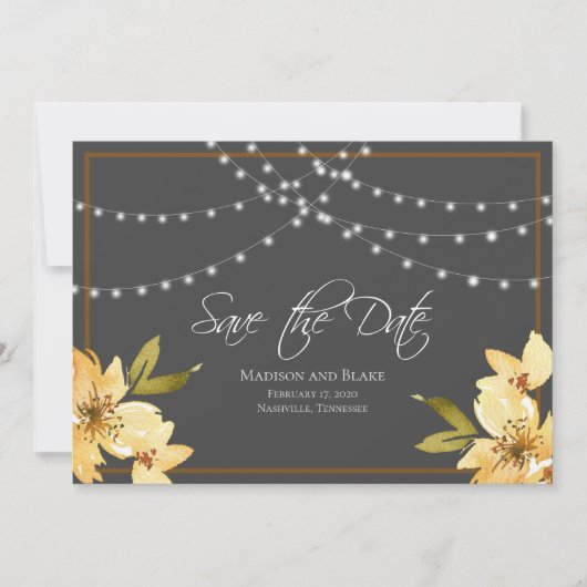 Elegante String Lights Floral Sla de datum op Save The Date (Voorkant)